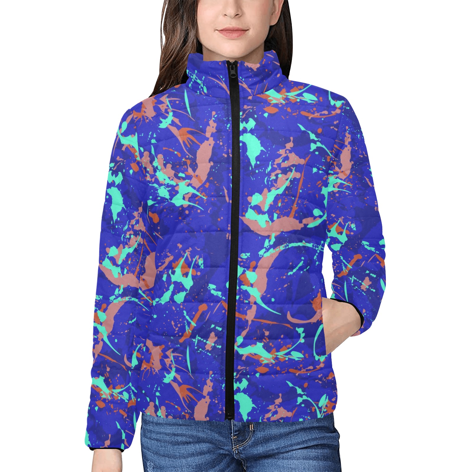 Artistic brushstrokes camouflage Women's Stand Collar Padded Jacket (Model H41)