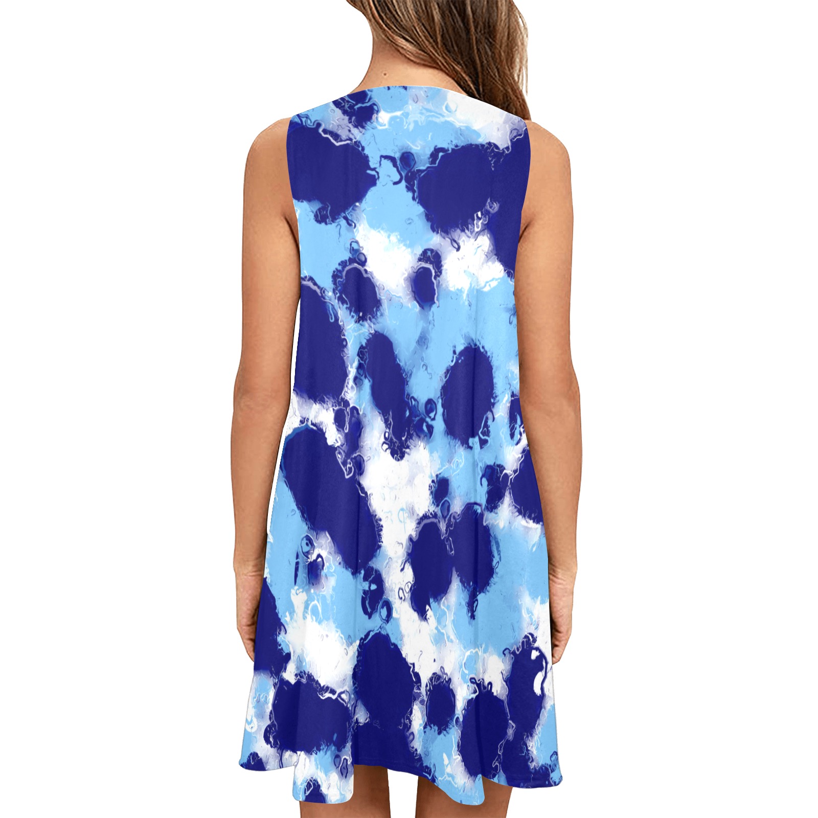 Light Blue, Navy and White Abstract Sleeveless A-Line Pocket Dress (Model D57)