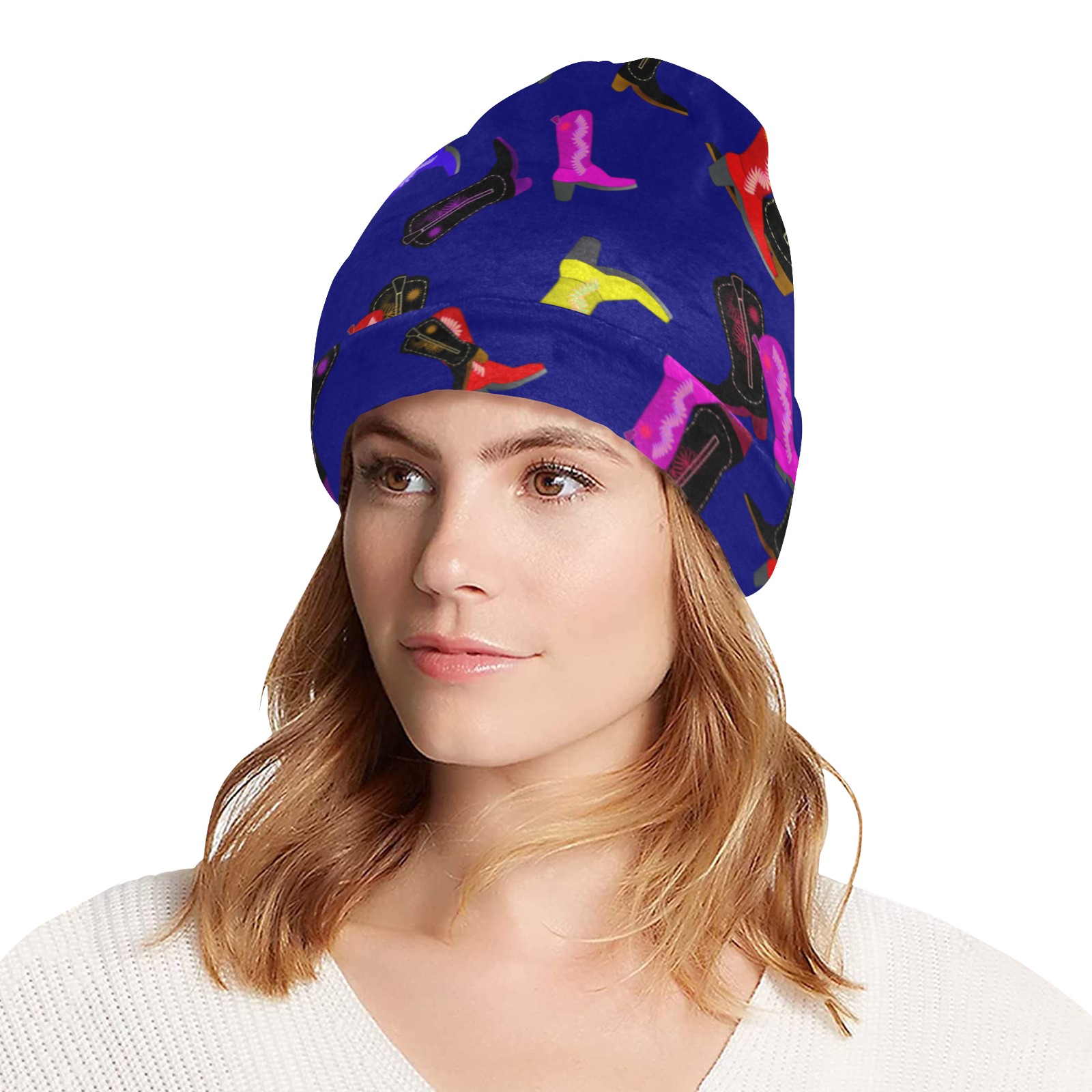 Colorful Cowboy Boots on Blue All Over Print Beanie for Adults