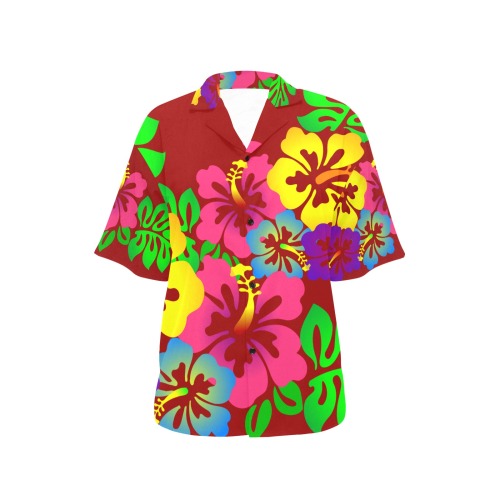 Hibiscus Hawaiian Flowers on Red All Over Print Hawaiian Shirt for Women (Model T58)