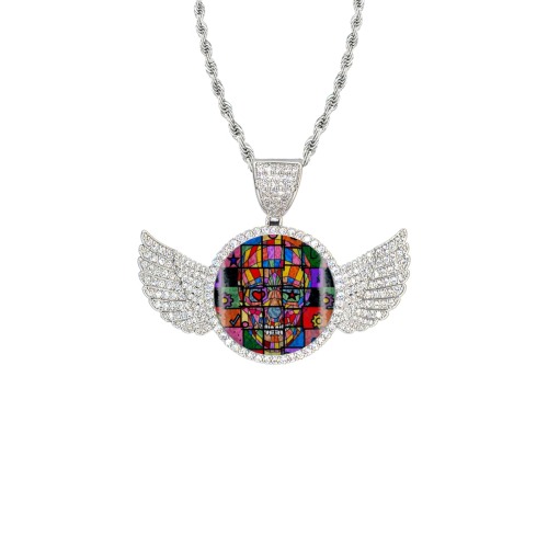 Skull by Nico Bielow Wings Silver Photo Pendant with Rope Chain