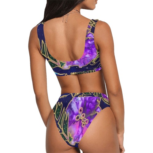 Dark Blue Floral Sport Top & High-Waisted Bikini Swimsuit (Model S07)