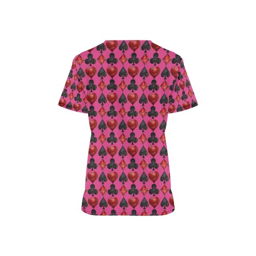 Black Red Playing Card Shapes Pink All Over Print Scrub Top