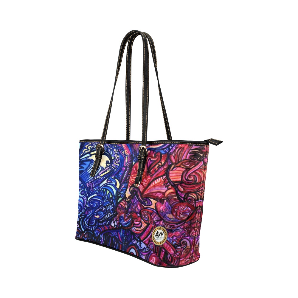 blue and red graffiti drawing Leather Tote Bag/Large (Model 1651)