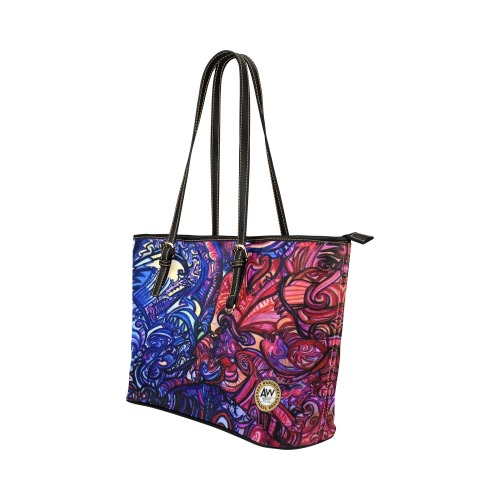 blue and red graffiti drawing Leather Tote Bag/Large (Model 1651)