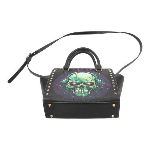 Zombie Skull with Headphones Black Rivet Shoulder Handbag (Model 1645)