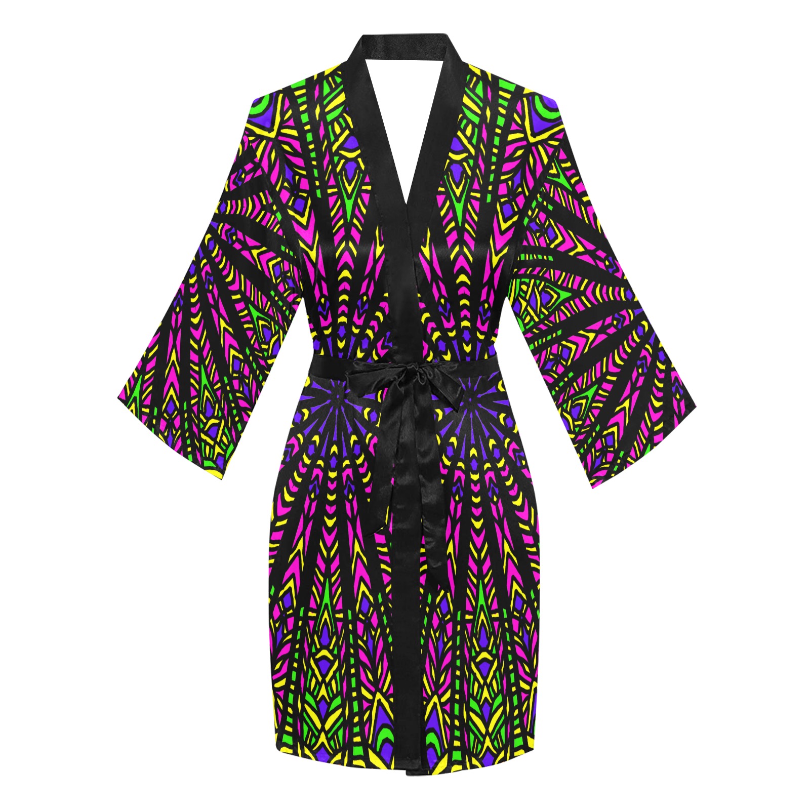 Ô Gypsy Wagon Wheel Mandala on Black Long Sleeve Kimono Robe