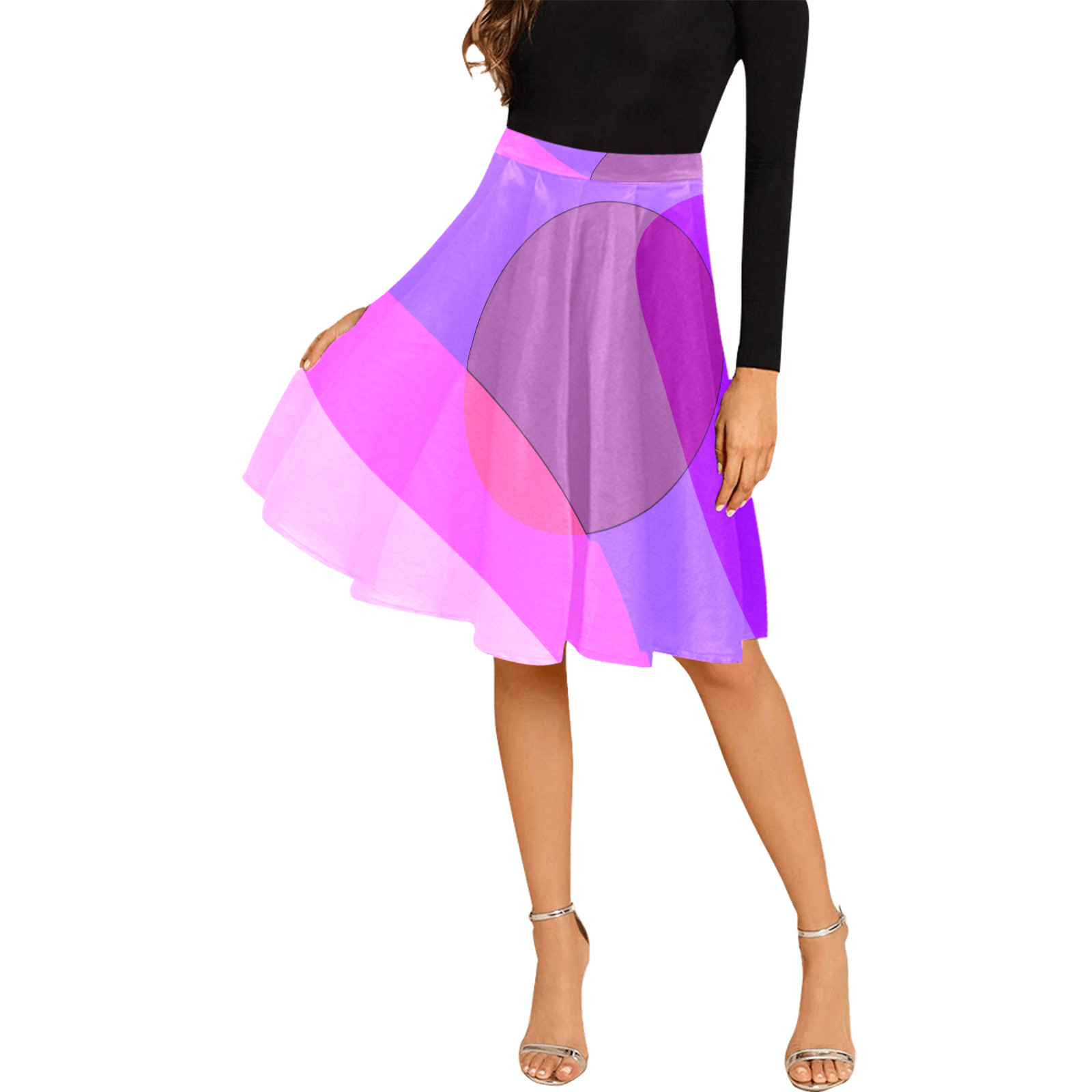 Purple Retro Groovy Abstract 409 Melete Pleated Midi Skirt (Model D15)