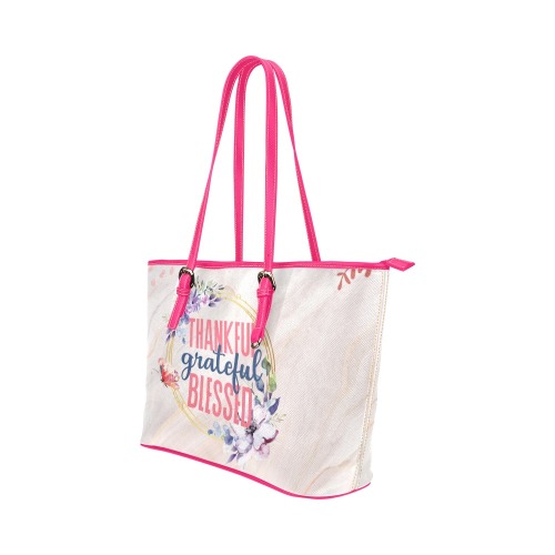 Thankful Grateful Blessed PU Leather Pink Tote Flower Bag Leather Tote Bag/Small (Model 1651)