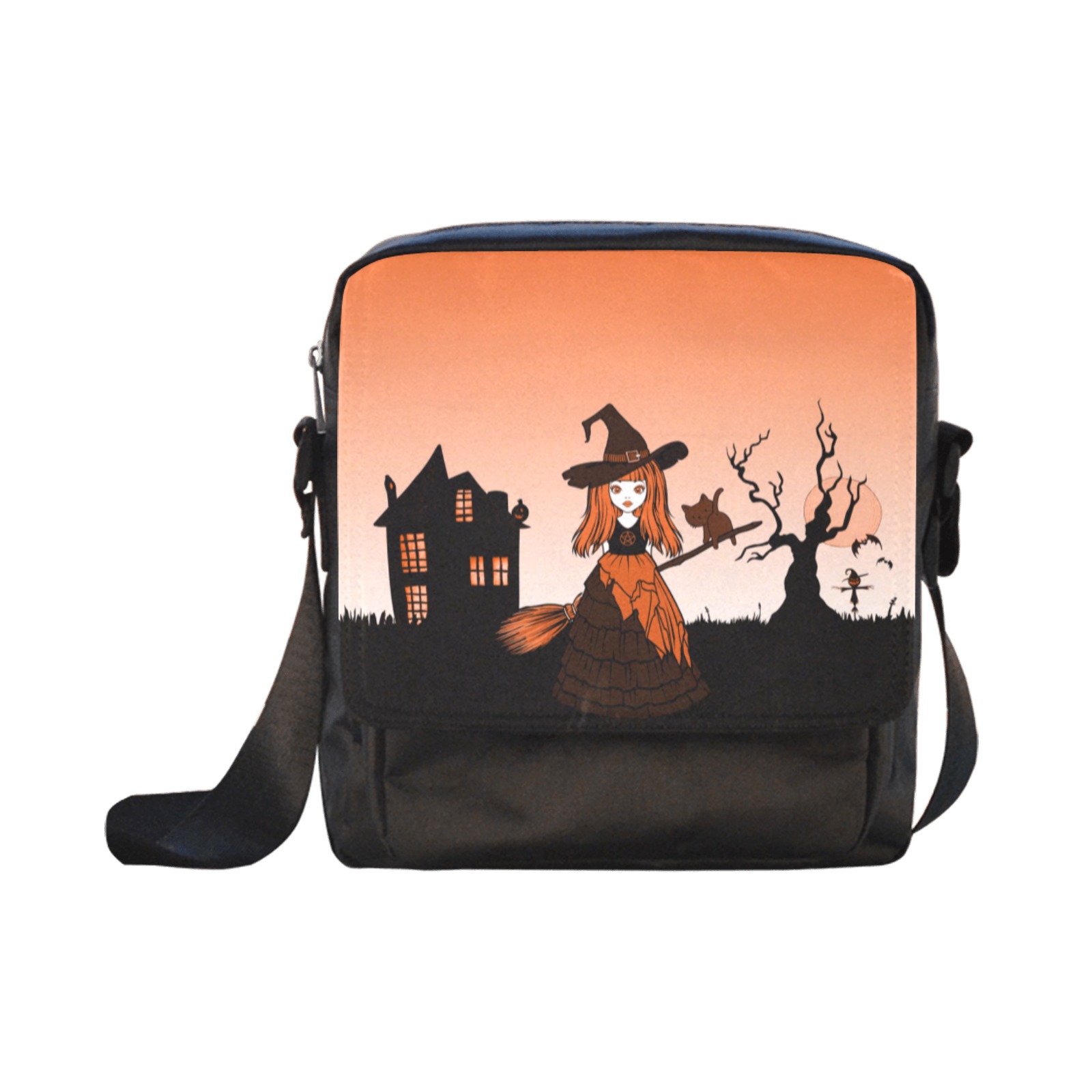 Orange Halloween Witch and Cat Familiar Crossbody Nylon Bags (Model 1633)