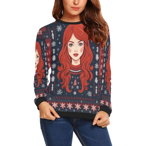 Lovely redhead girl, winter snowflakes pattern. All Over Print Crewneck Sweatshirt for Women (Model H18)