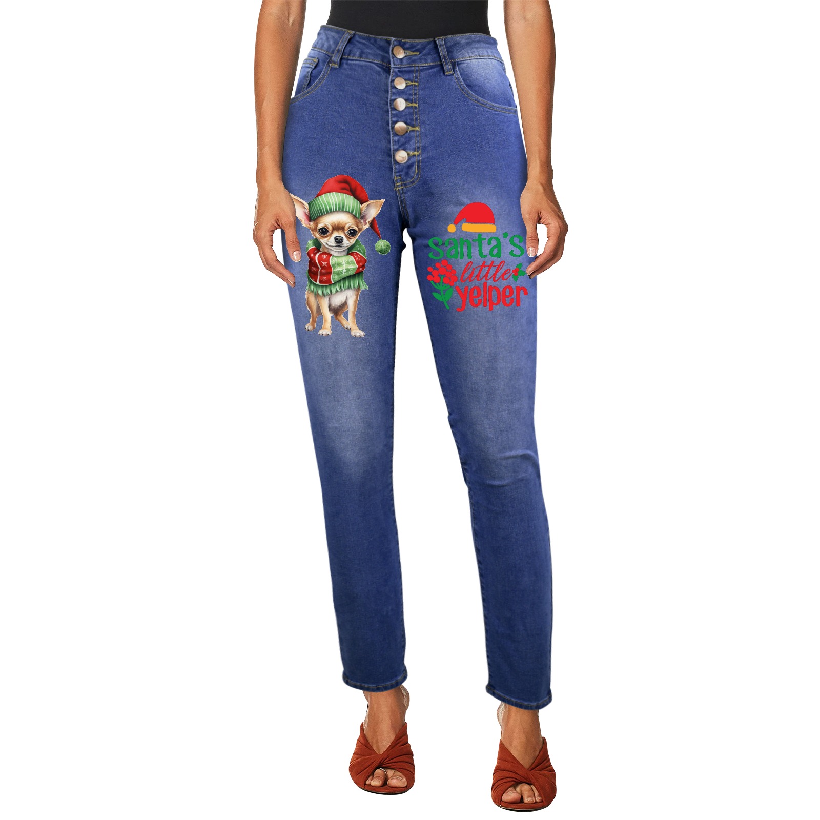 Santa's little Helper Chihuahua Women's Jeans (Front Printing)