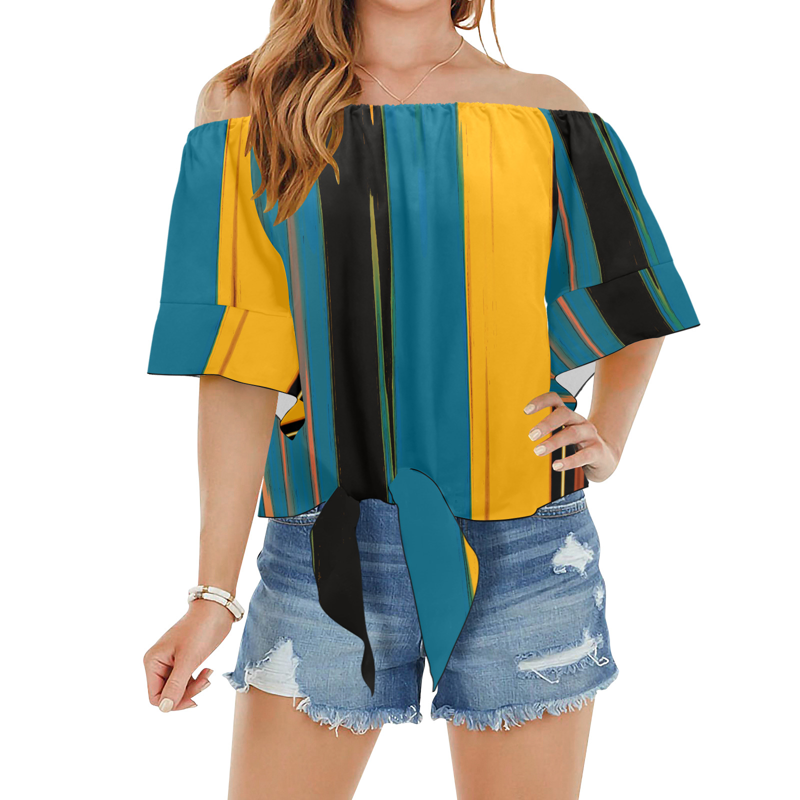 Black Turquoise And Orange Go! Abstract Art Off Shoulder Knot Front Blouse (Model T71)