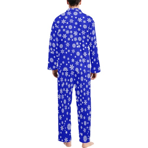 Christmas White Snowflakes on Blue Men's V-Neck Long Pajama Set