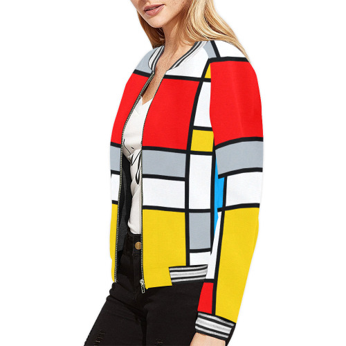 Mondrian Style Color Composition Geometric Retro Art All Over Print Bomber Jacket for Women (Model H21)