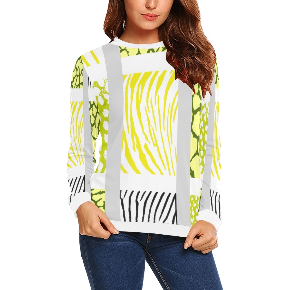 White and Yellow Mixed Animal Print All Over Print Crewneck Sweatshirt for Women (Model H18)