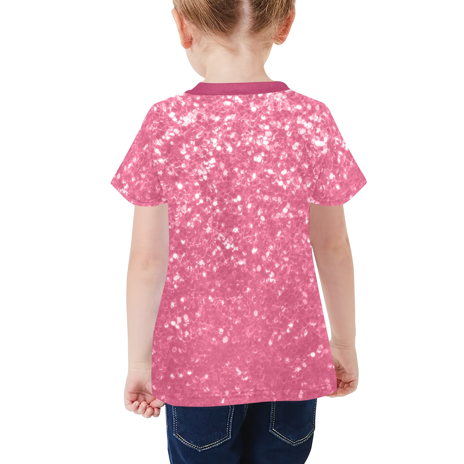 Magenta light pink red faux sparkles glitter Little Girls' All Over Print Crew Neck T-Shirt (Model T40-2)
