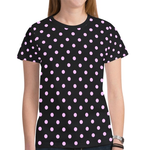 Polka Dots Pink / Black New All Over Print T-shirt for Women (Model T45)