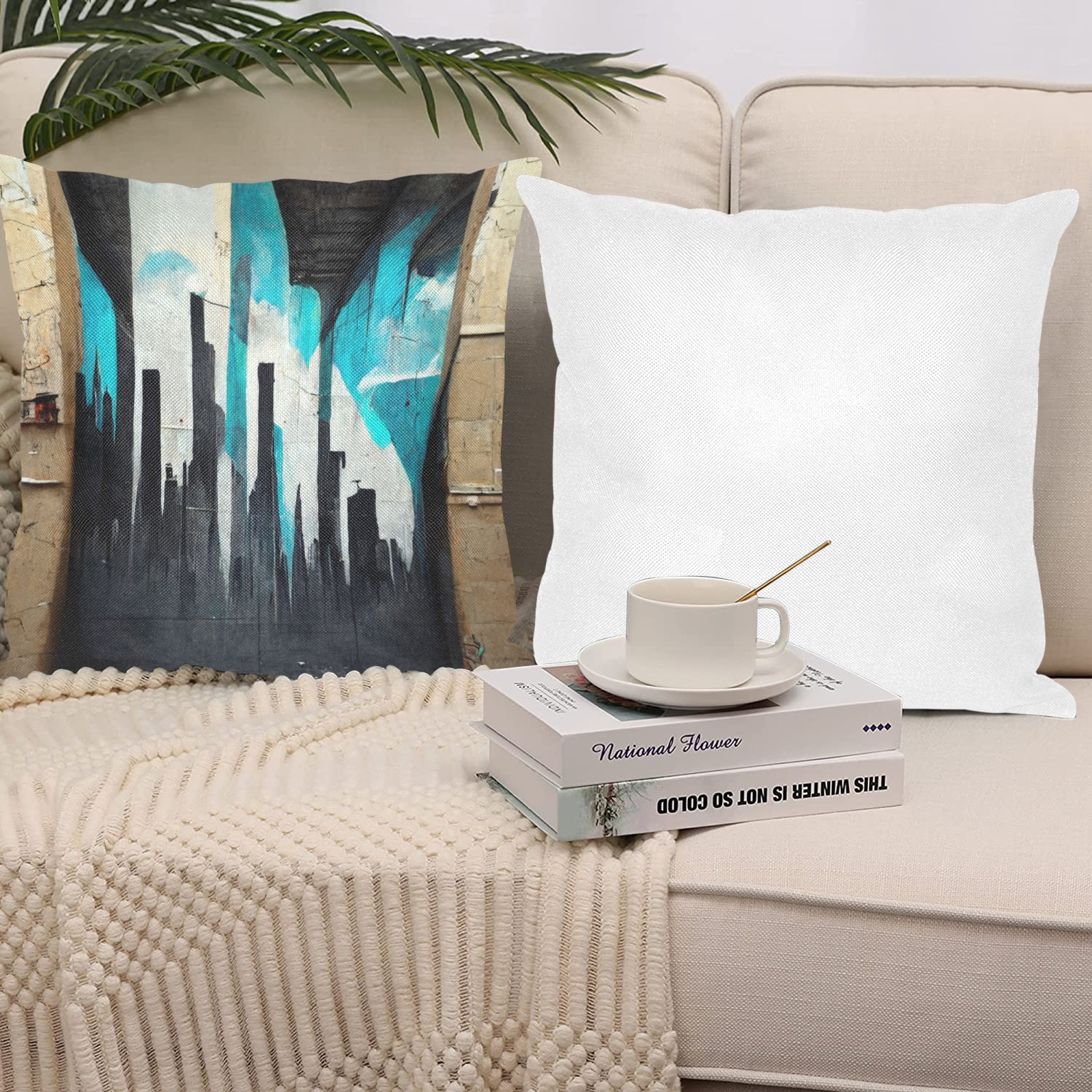 graffiti buildings black white and turquoise 1 Linen Zippered Pillowcase 18"x18"(One Side&Pack of 2)