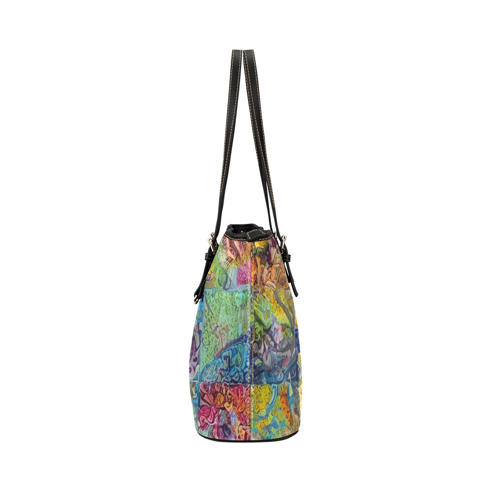 Boho Aesthetic Simulated Quilt Artwork Leather Tote Bag/Large (Model 1651)