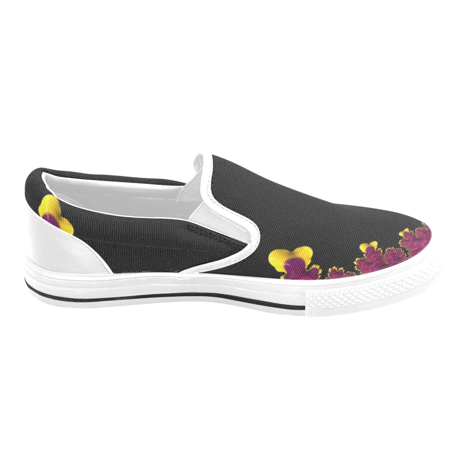 Purple Mauve and Yellow Fringe on Black Fractal Abstract Slip-on Canvas Shoes for Kid (Model 019)