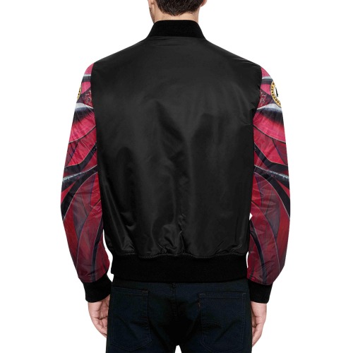 black bomber with striped red and black sleeve's All Over Print Quilted Bomber Jacket for Men (Model H33)