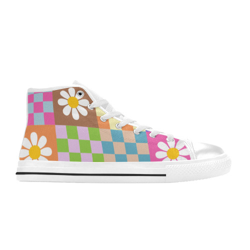 Mid Century Geometric Checkered Retro Floral Daisy Flower Pattern Women's Classic High Top Canvas Shoes (Model 017)