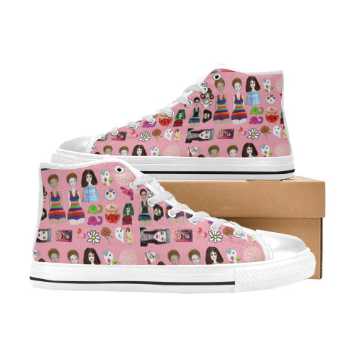 drawing collage pink High Top Canvas Shoes for Kid (Model 017)