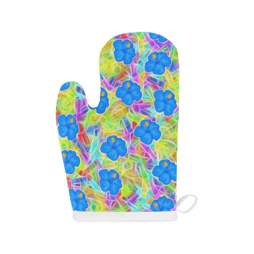 Pretty Blue Hawaiian Flowers Pattern Linen Oven Mitt (Two Pieces)