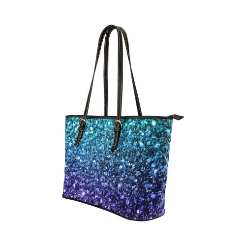 Aqua blue ombre faux glitter sparkles Leather Tote Bag/Small (Model 1651)