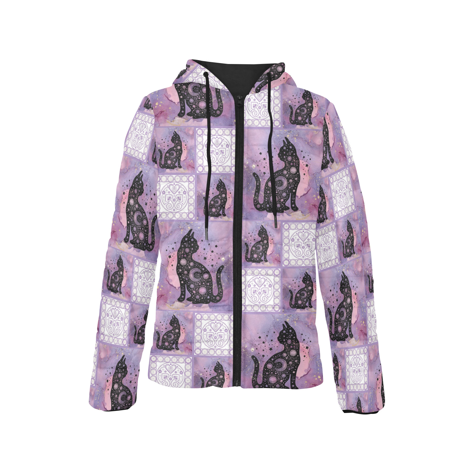 Purple Cosmic Cats Patchwork Pattern Women's Padded Hooded Jacket (Model H46)