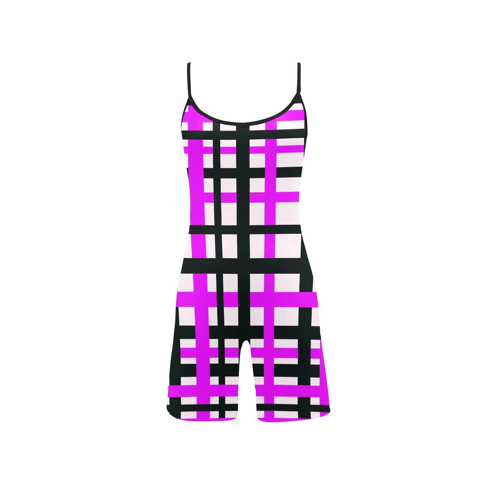 Interlocking Stripes Black White Pink Women's Short Yoga Bodysuit
