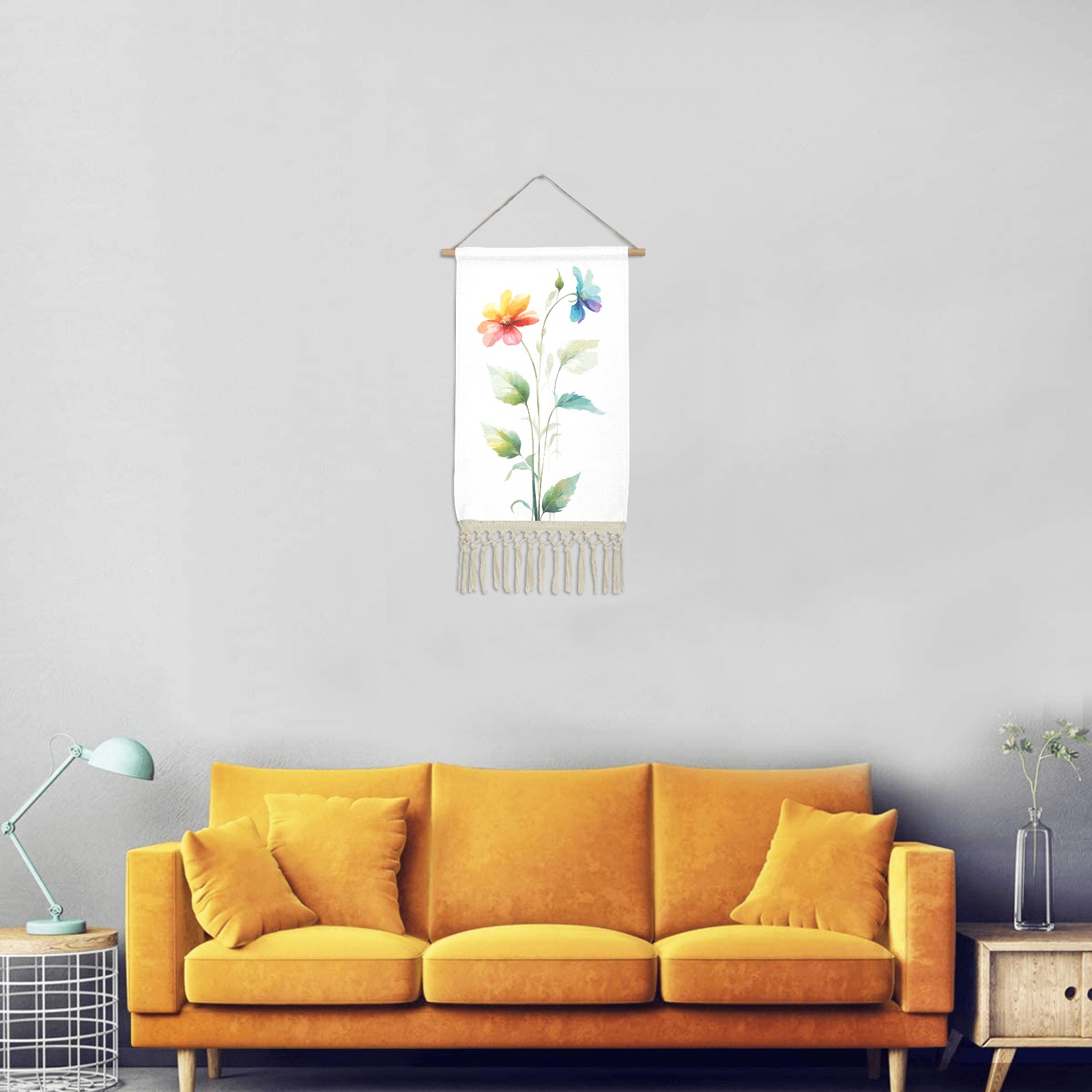 Orange and blue flowers, green leaves botany art. Linen Hanging Poster
