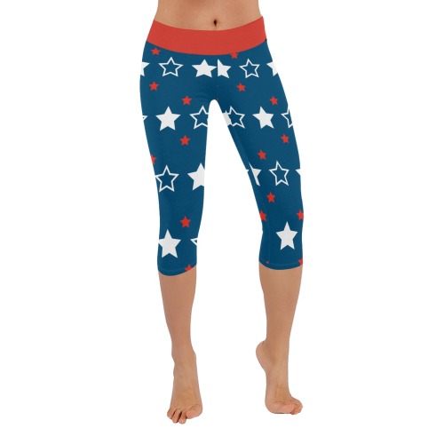 4th of July Patriotic Stars on Blue Background Women's Low Rise Capri Leggings (Invisible Stitch) (Model L08)