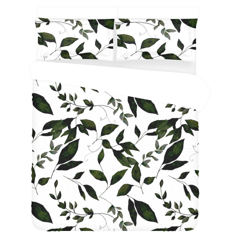White Dark Green Watercolor Leaves Pattern 3-Piece Bedding Set