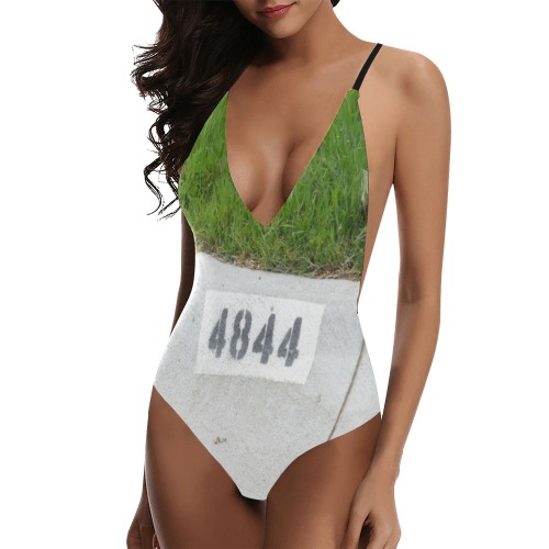 Street Number 4844 with black straps Sexy Lacing Backless One-Piece Swimsuit (Model S10)