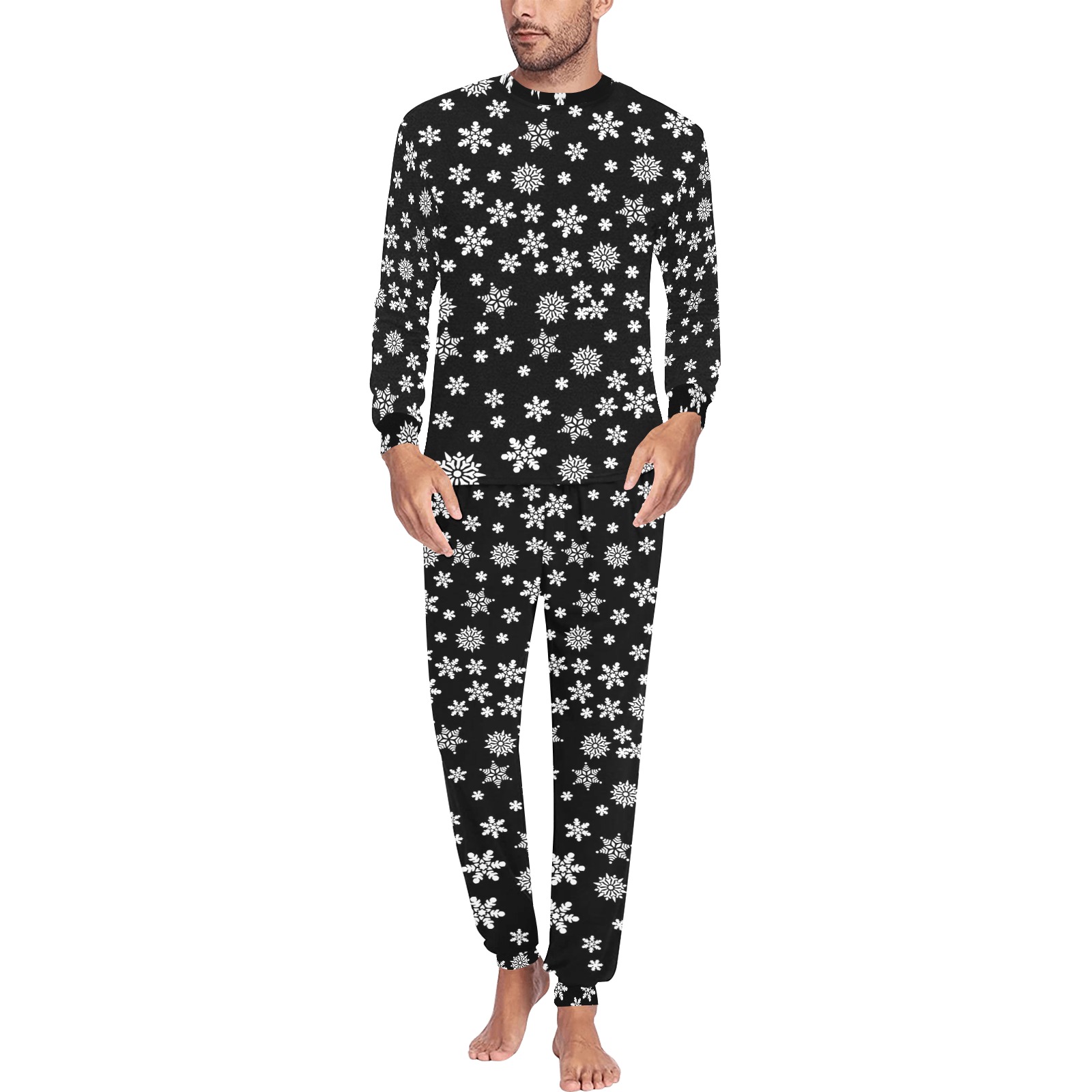 Christmas White Snowflakes on Black Men's All Over Print Pajama Set with Custom Cuff