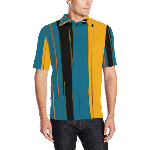 Black Turquoise And Orange Go! Abstract Art Men's All Over Print Polo Shirt (Model T55)