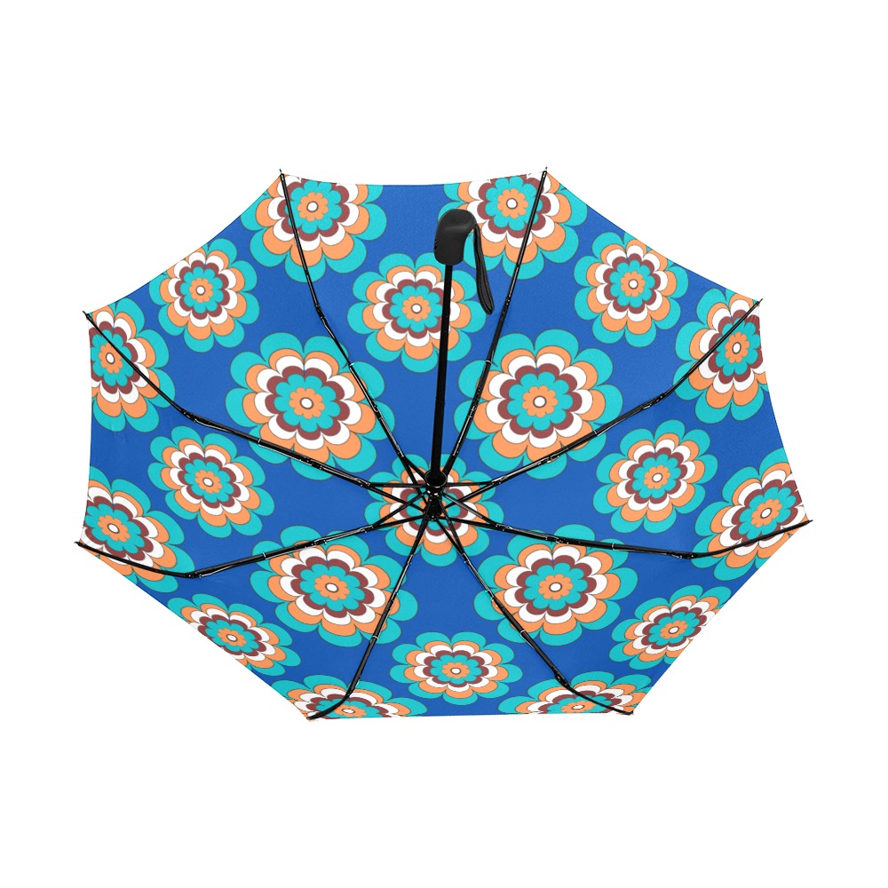 Turquoise Flowers on Blue Anti-UV Auto-Foldable Umbrella (Underside Printing) (U06)