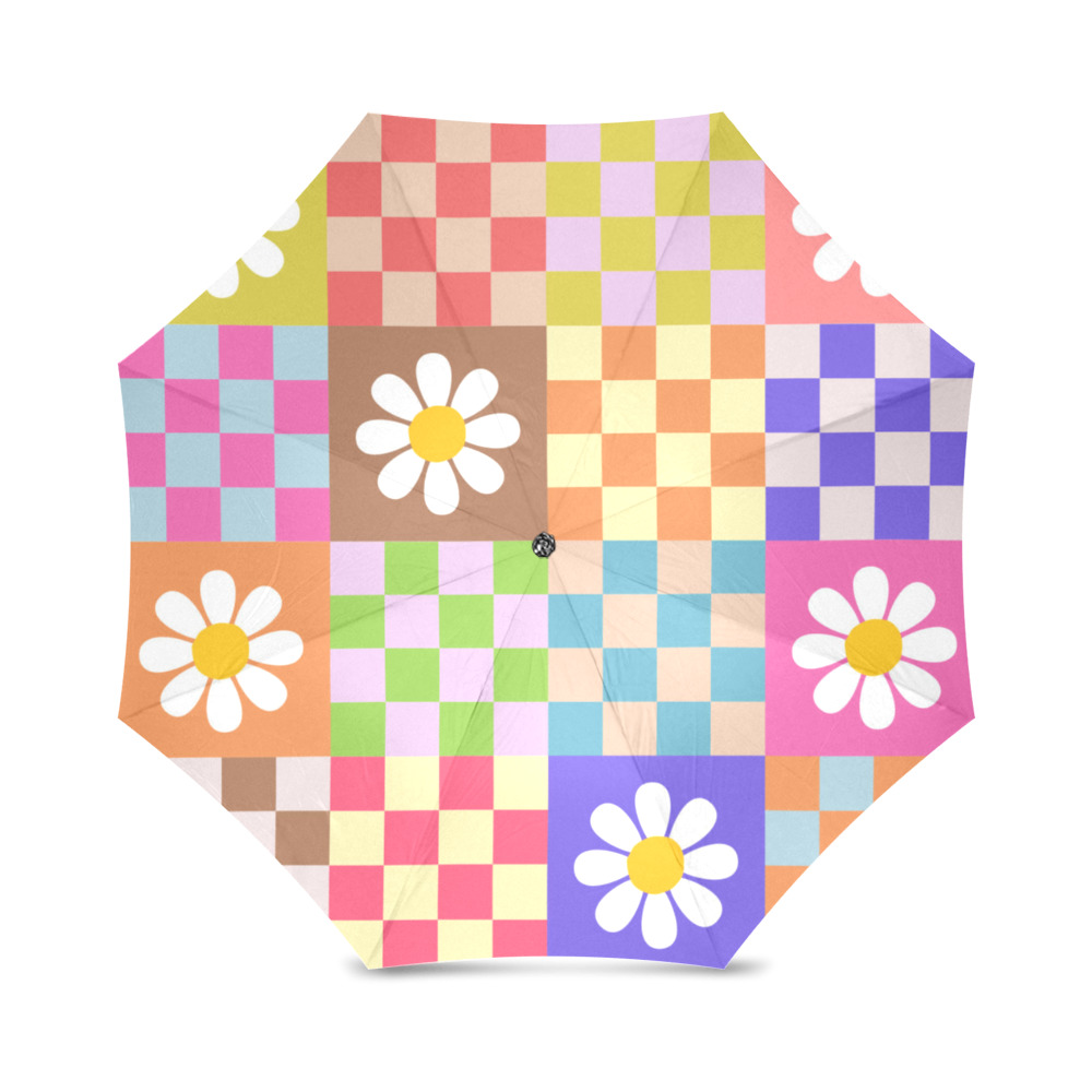 Mid Century Geometric Checkered Retro Floral Daisy Flower Pattern Foldable Umbrella (Model U01)