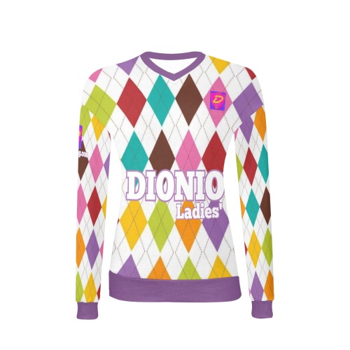 DIONIO Clothing - Ladies' Argyle Multi-Color V-Neck Sweater (Pink D-Shield Logo) Women's All Over Print V-Neck Sweater (Model H48)