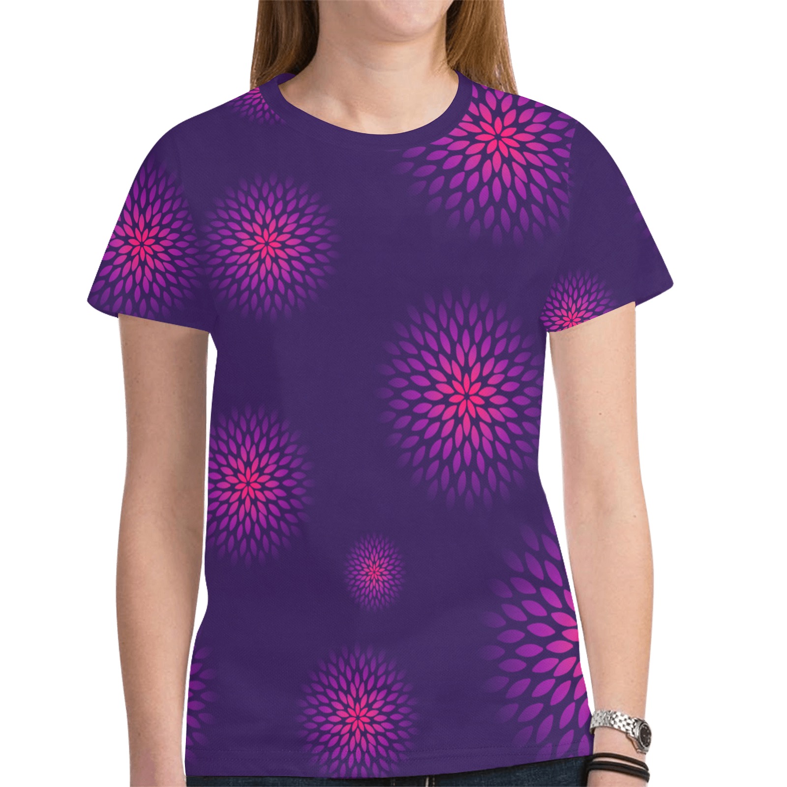 Ô Pink and Violet Zinnias on Violet New All Over Print T-shirt for Women (Model T45)
