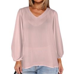Gossamer Pink Women's Loose V-Neck Long Puff Sleeve Top (Model H70)