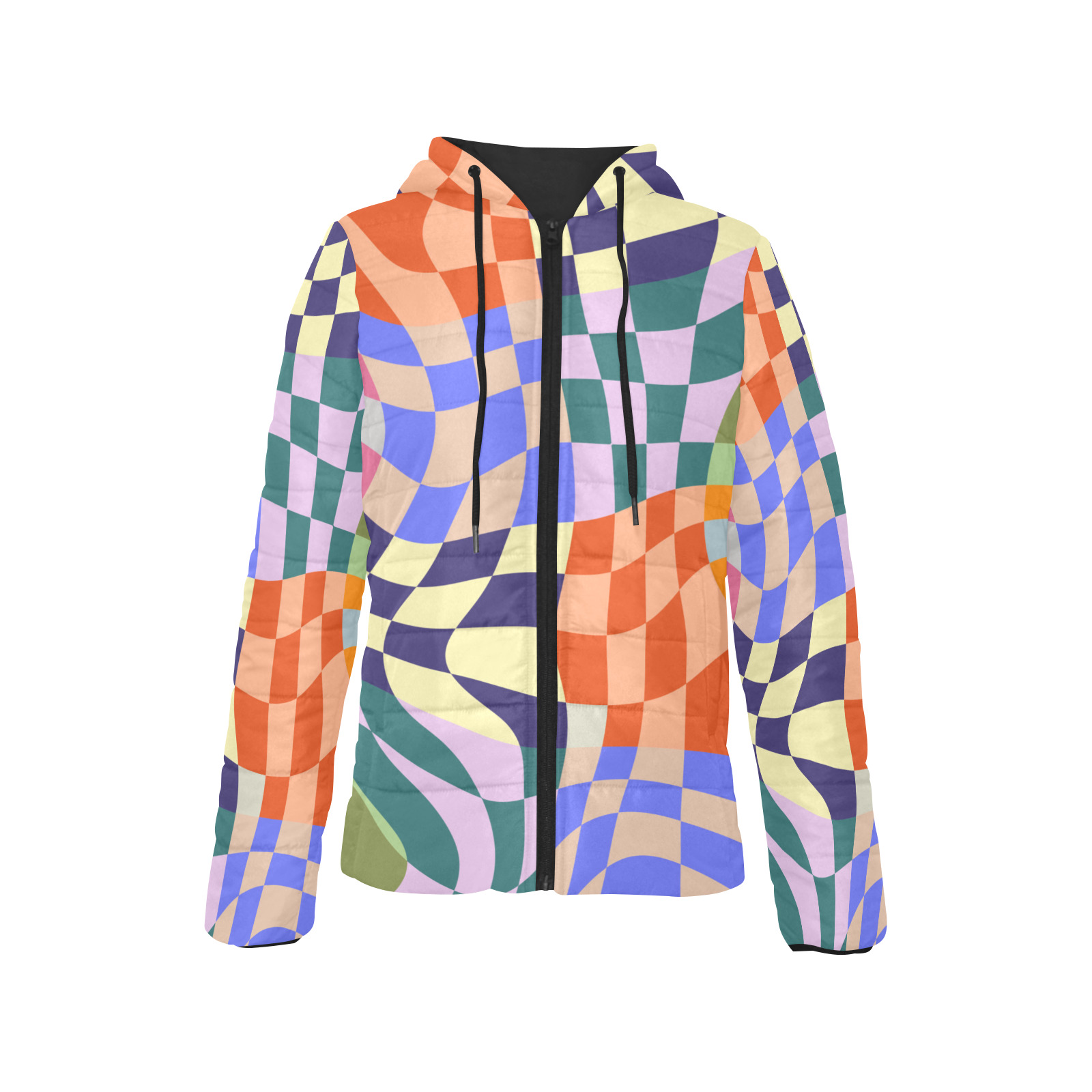 Wavy Groovy Geometric Checkered Retro Abstract Mosaic Pixels Women's Padded Hooded Jacket (Model H46)