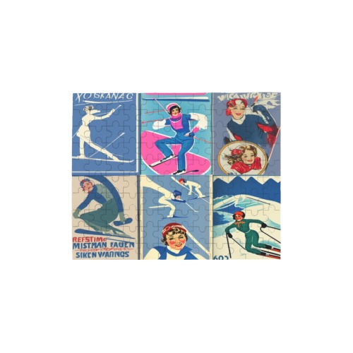 wood puzzle, rectangle vintage ski ladies in blue -Make a mural! 120-Piece Wooden Photo Puzzles