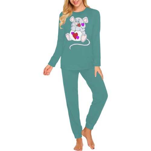 Valentine Mouse Jade Green Women's All Over Print Pajama Set