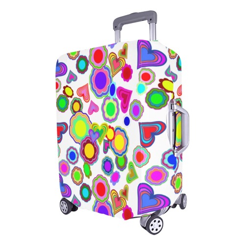 Groovy Hearts and Flowers White Luggage Cover/Large 26"-28"