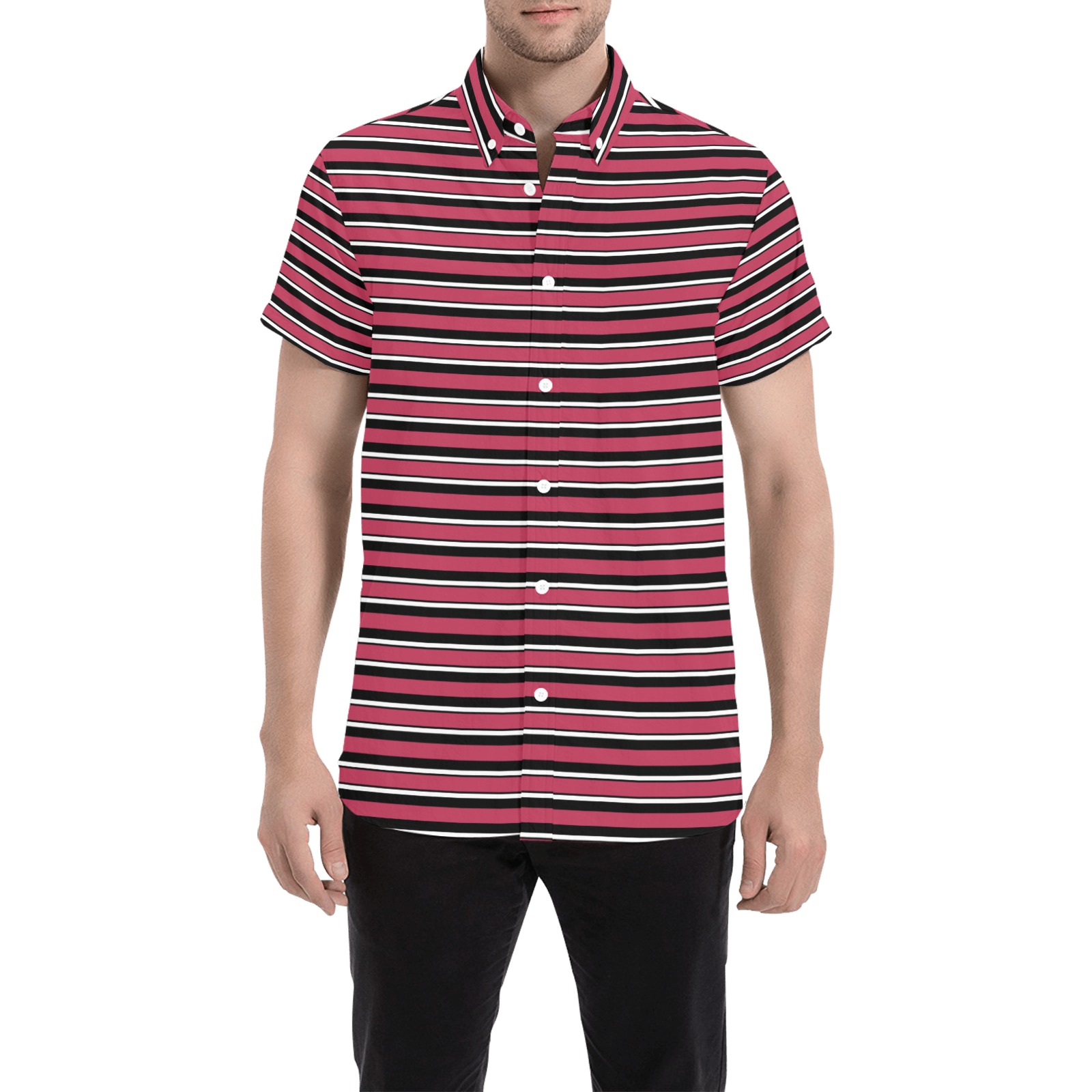 Magenta, Black and White Stripes Men's All Over Print Short Sleeve Shirt (Model T53)