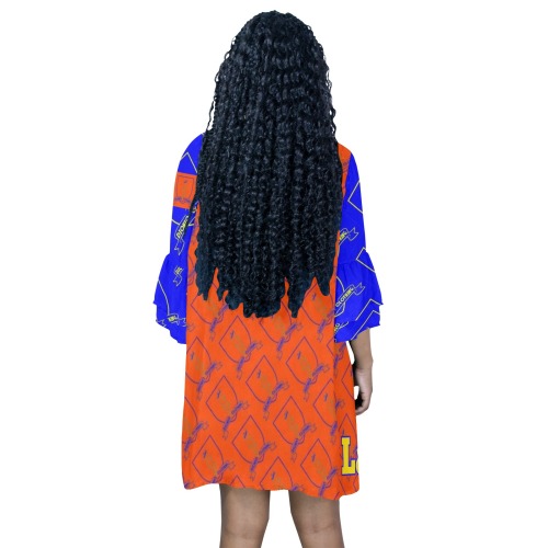 DIONIO Clothing - Half Sleeves V-Neck Mini-Dress (Orange & Blue Shield Repeat Logo) Half Sleeves V-Neck Mini Dress (Model D63)
