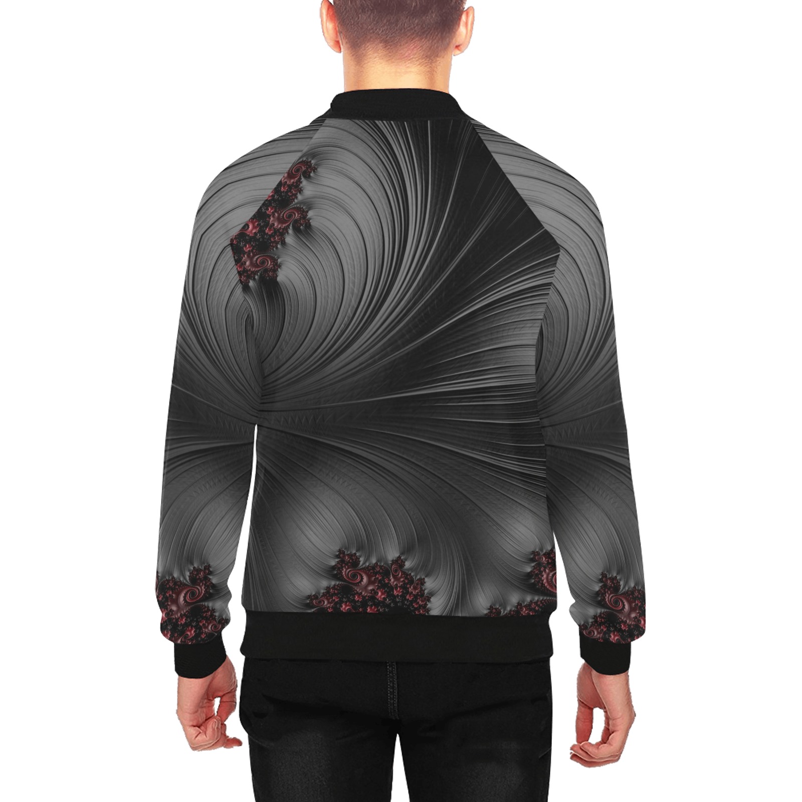 Black and Maroon Fern Fronds Fractal Abstract Men's All Over Print Baseball Jacket (Model H26)